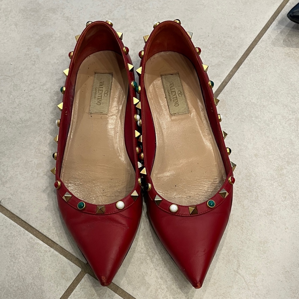 Valentino Red Flats with Gold and Multicolor Studs